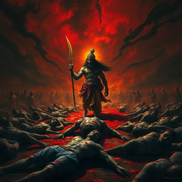 A dramatic, intense battlefield scene featuring Lord Krishna approaching with a glowing Chakra in his hand