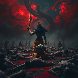 A dramatic, intense battlefield scene featuring Lord Krishna approaching with a glowing Chakra in his hand