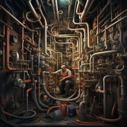 A photorealistic, high-definition image of a skilled plumber in the midst of repairing a complex network of pipes, his tools spread around him.