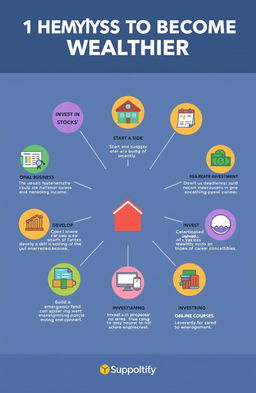 A creative infographic illustrating ten different strategies to become wealthier, such as investing in stocks, starting a side business, saving and budgeting smartly, real estate investment, developing a skill to increase income, participating in peer-to-peer lending, building an emergency fund, investing in index funds, networking for career advancement, and leveraging online courses for skill development