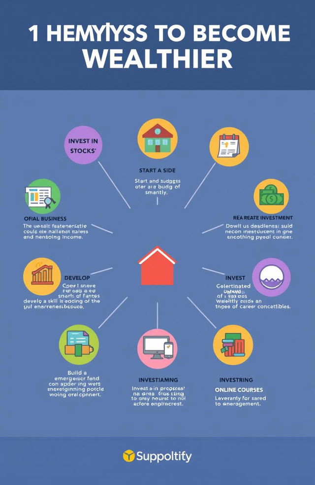 A creative infographic illustrating ten different strategies to become wealthier, such as investing in stocks, starting a side business, saving and budgeting smartly, real estate investment, developing a skill to increase income, participating in peer-to-peer lending, building an emergency fund, investing in index funds, networking for career advancement, and leveraging online courses for skill development