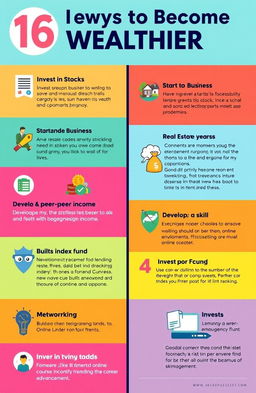 A creative infographic illustrating ten different strategies to become wealthier, such as investing in stocks, starting a side business, saving and budgeting smartly, real estate investment, developing a skill to increase income, participating in peer-to-peer lending, building an emergency fund, investing in index funds, networking for career advancement, and leveraging online courses for skill development