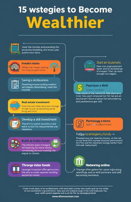 A creative infographic illustrating ten different strategies to become wealthier, such as investing in stocks, starting a side business, saving and budgeting smartly, real estate investment, developing a skill to increase income, participating in peer-to-peer lending, building an emergency fund, investing in index funds, networking for career advancement, and leveraging online courses for skill development