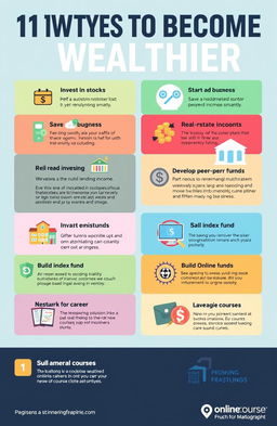 A creative infographic illustrating ten different strategies to become wealthier, such as investing in stocks, starting a side business, saving and budgeting smartly, real estate investment, developing a skill to increase income, participating in peer-to-peer lending, building an emergency fund, investing in index funds, networking for career advancement, and leveraging online courses for skill development