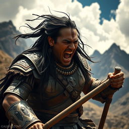 An Inca leader expressing intense rage and pain, depicted in a dynamic combat stance