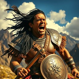 An Inca leader expressing intense rage and pain, depicted in a dynamic combat stance