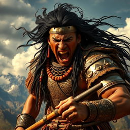 An Inca leader expressing intense rage and pain, depicted in a dynamic combat stance
