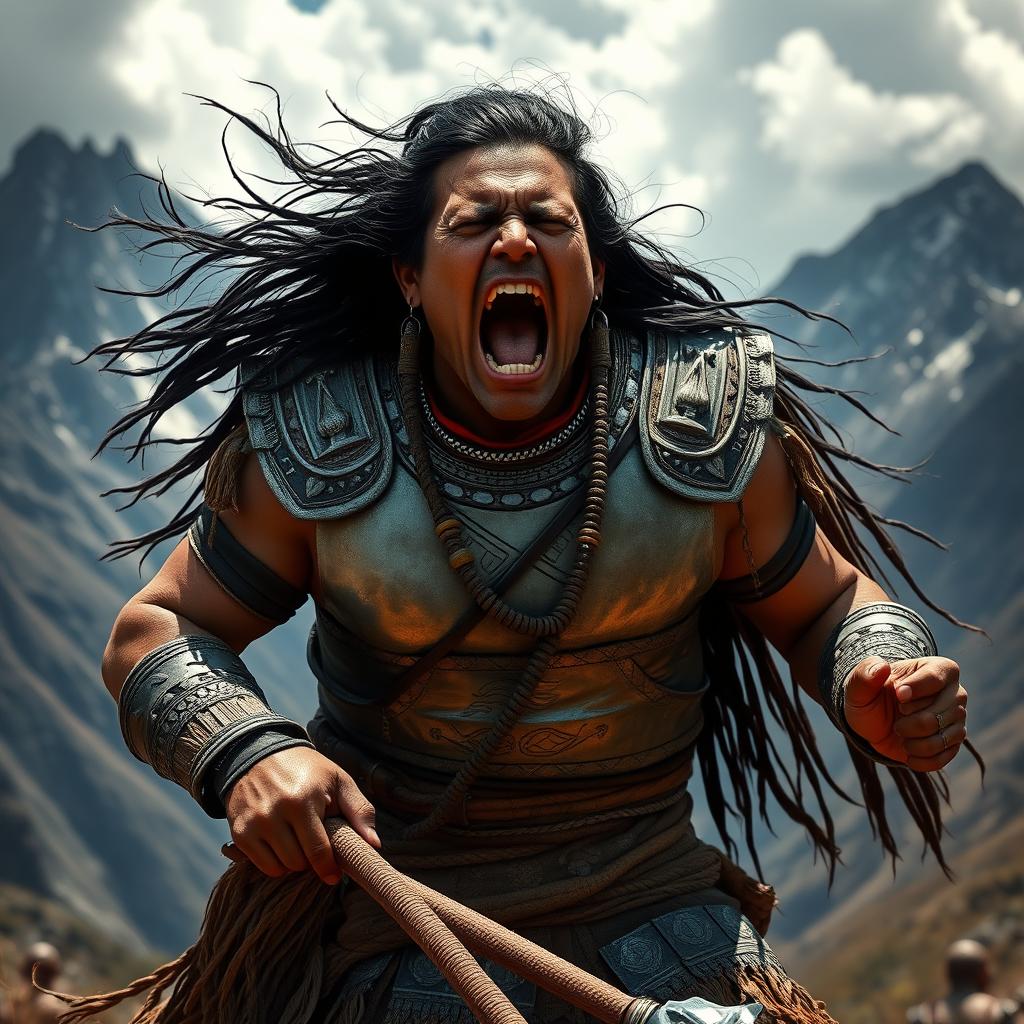 An Inca leader expressing intense rage and pain, depicted in a dynamic combat stance