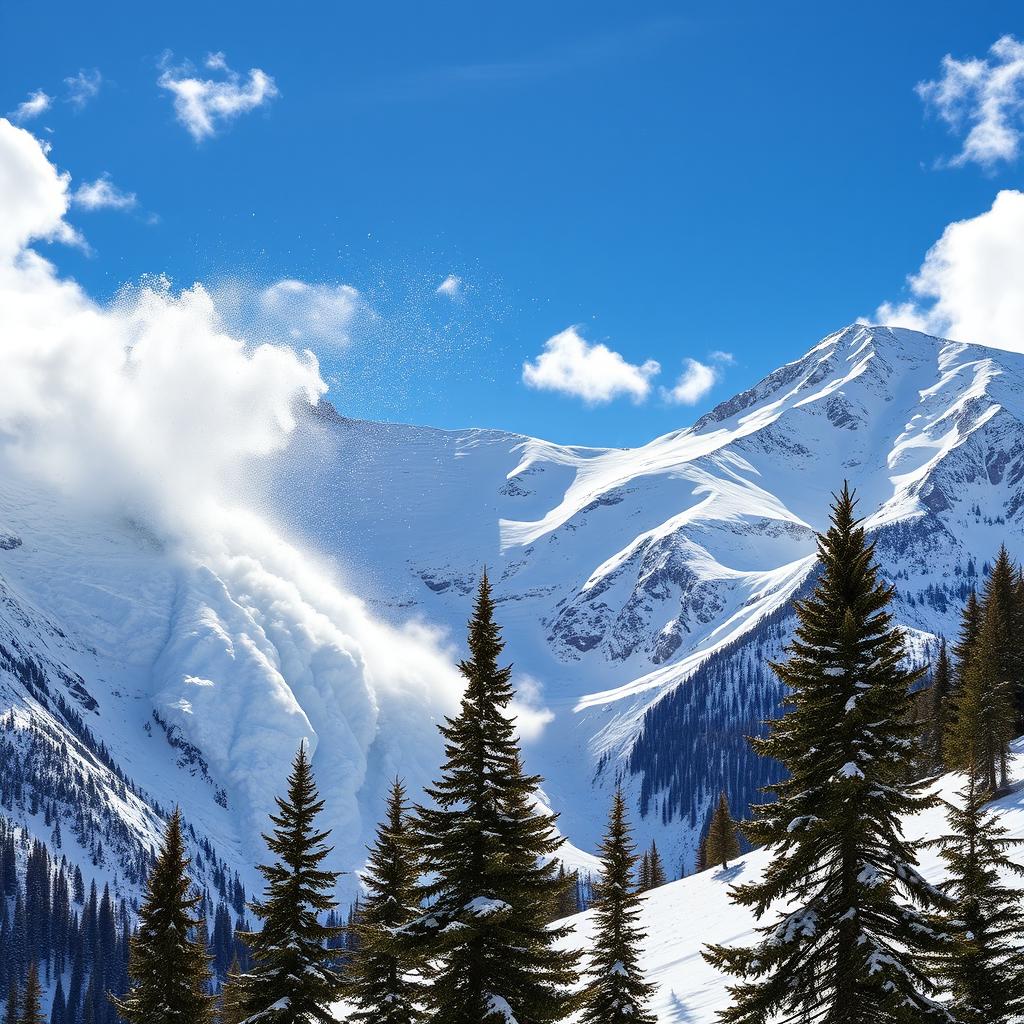 A breathtaking alpine scene featuring a massive avalanche cascading down a mountain slope