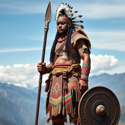 An Inca warrior standing tall and proud, dressed in traditional Incan armor adorned with intricate patterns and vibrant colors
