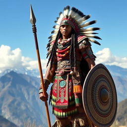 An Inca warrior standing tall and proud, dressed in traditional Incan armor adorned with intricate patterns and vibrant colors
