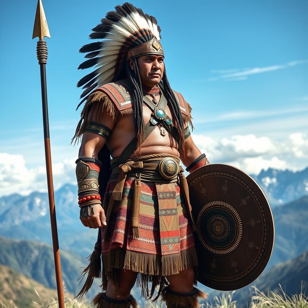 An Inca warrior standing tall and proud, dressed in traditional Incan armor adorned with intricate patterns and vibrant colors