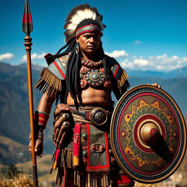 An Inca warrior standing tall and proud, dressed in traditional Incan armor adorned with intricate patterns and vibrant colors