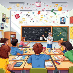 An engaging and colorful illustration of a vibrant math classroom, featuring various mathematical equations and symbols floating in the air