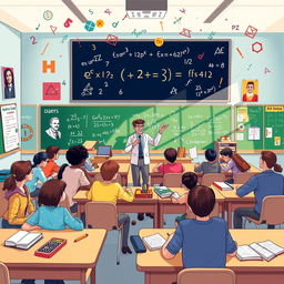An engaging and colorful illustration of a vibrant math classroom, featuring various mathematical equations and symbols floating in the air