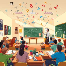 An engaging and colorful illustration of a vibrant math classroom, featuring various mathematical equations and symbols floating in the air