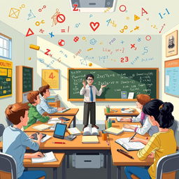 An engaging and colorful illustration of a vibrant math classroom, featuring various mathematical equations and symbols floating in the air