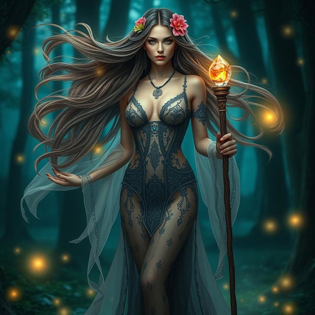A seductive priestess standing confidently in an enchanting forest