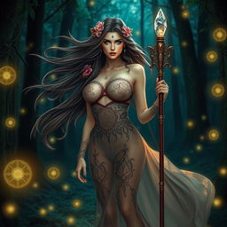 A seductive priestess standing confidently in an enchanting forest