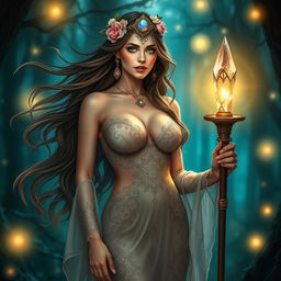 A seductive priestess standing confidently in an enchanting forest