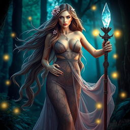 A seductive priestess standing confidently in an enchanting forest