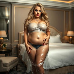 A full-length, enchanting photograph of a beautiful, confident plus-size 18-year-old woman with very thick, long, messy dirty blond hair