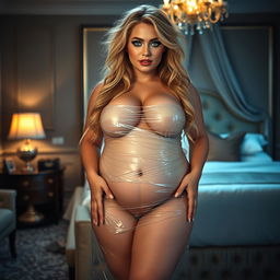 A full-length, enchanting photograph of a beautiful, confident plus-size 18-year-old woman with very thick, long, messy dirty blond hair