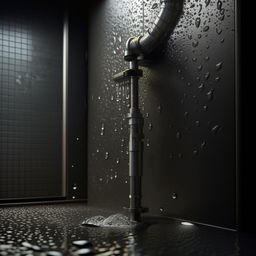 A photorealistic, high-definition representation of a leaking pipe in a modern bathroom, showcasing the water droplets in detail while capturing the urgency of the situation.