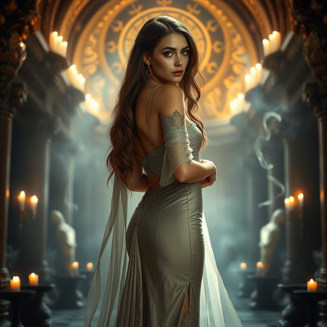 A stunning and enchanting priestess, dressed in a form-fitting, elegant gown that accentuates her curves, adorned with mystical symbols and flowing sheer fabrics
