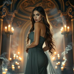 A stunning and enchanting priestess, dressed in a form-fitting, elegant gown that accentuates her curves, adorned with mystical symbols and flowing sheer fabrics