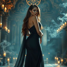 A stunning and enchanting priestess, dressed in a form-fitting, elegant gown that accentuates her curves, adorned with mystical symbols and flowing sheer fabrics