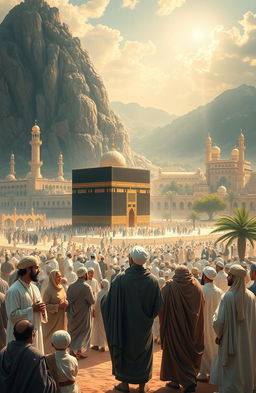 An artistic interpretation of the life of the Prophet Muhammad, emphasizing key moments such as his early life in Mecca, the revelation of the Quran, the Hijra to Medina, and the establishment of the Muslim community