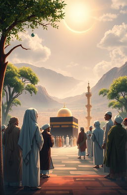 An artistic interpretation of the life of the Prophet Muhammad, emphasizing key moments such as his early life in Mecca, the revelation of the Quran, the Hijra to Medina, and the establishment of the Muslim community
