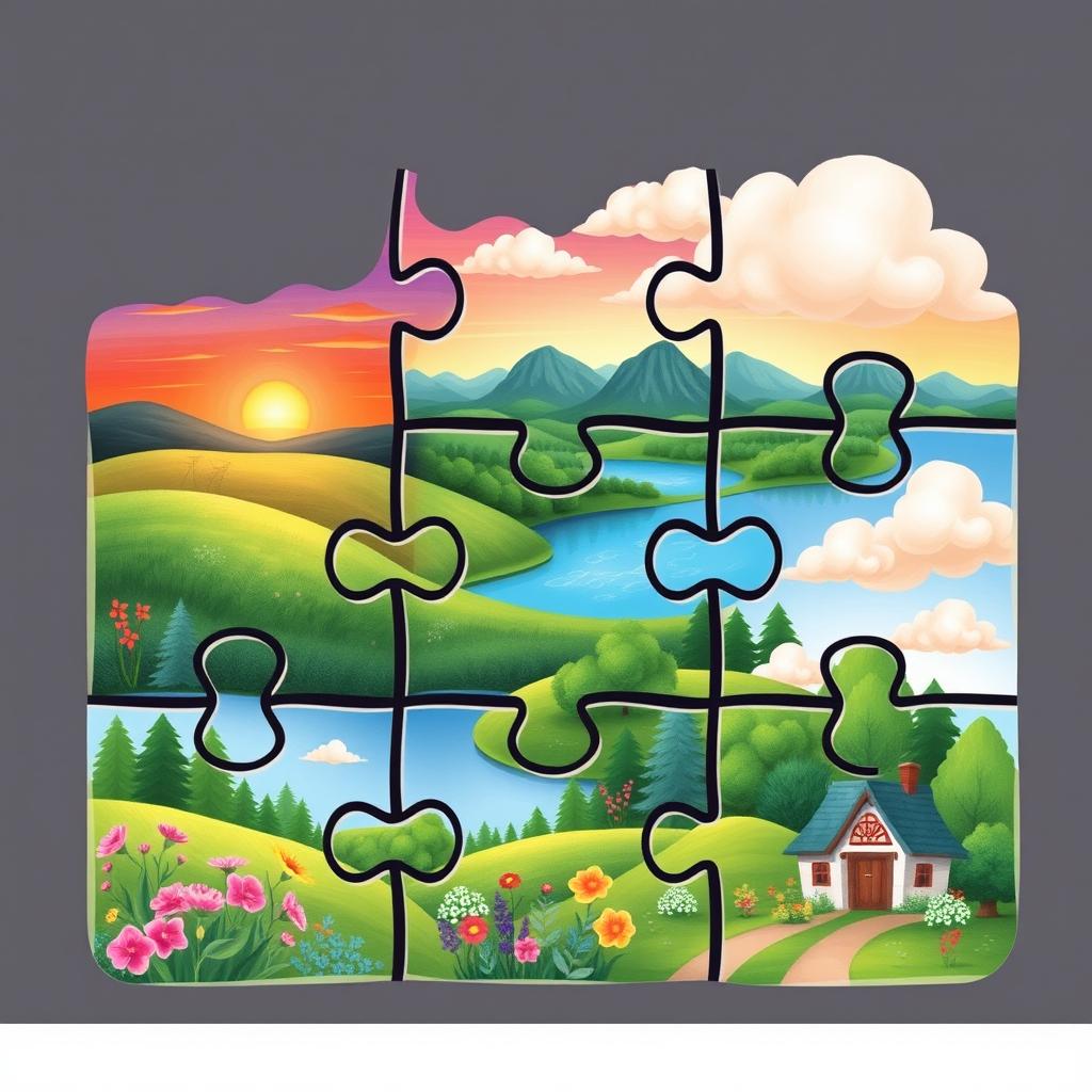 A charming 6-grid jigsaw puzzle illustration, featuring a scenic landscape split into six unique pieces