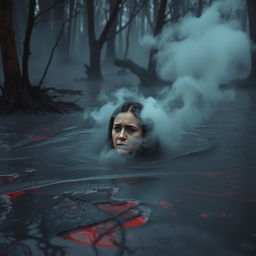 A scene depicting a woman submerged in reddish-black mud that has wisps of steam rising from it