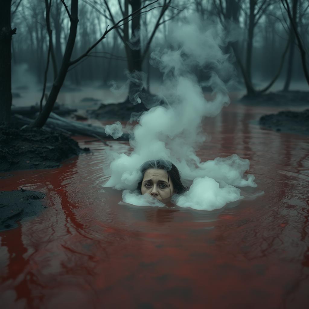 A scene depicting a woman submerged in reddish-black mud that has wisps of steam rising from it