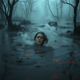 A scene depicting a woman submerged in reddish-black mud that has wisps of steam rising from it