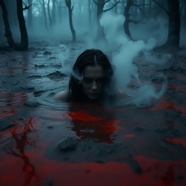 A scene depicting a woman submerged in reddish-black mud that has wisps of steam rising from it
