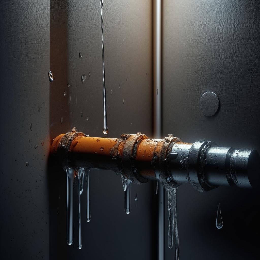 A photorealistic, high-definition representation of a leaking pipe in a modern bathroom, showcasing the water droplets in detail while capturing the urgency of the situation.