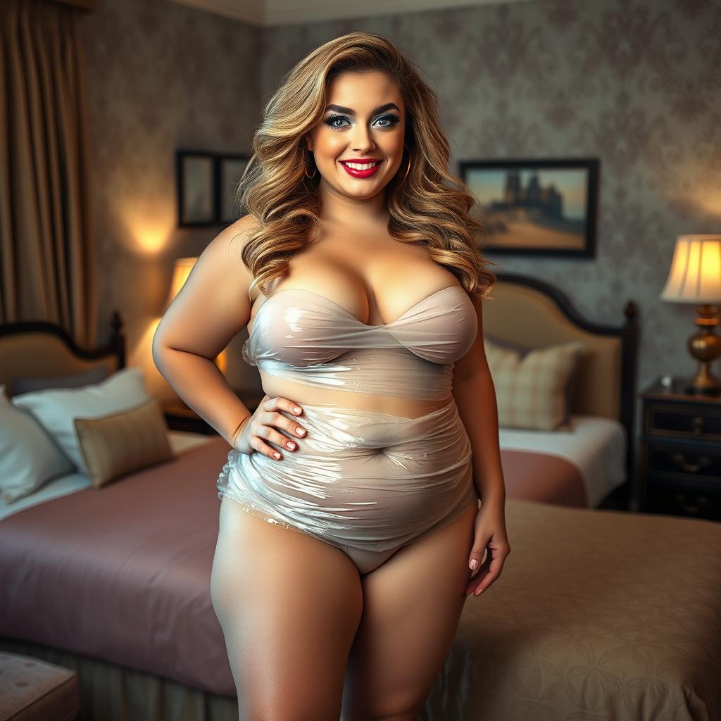 A playful pinup-style full-length photograph of a confident plus-size 18-year-old woman with very thick, long, messy dirty blond hair styled in retro waves