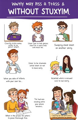 A visual representation of creative and humorous ways to pass an exam without studying, showing various characters in a lighthearted classroom setting