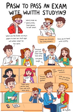 A visual representation of creative and humorous ways to pass an exam without studying, showing various characters in a lighthearted classroom setting