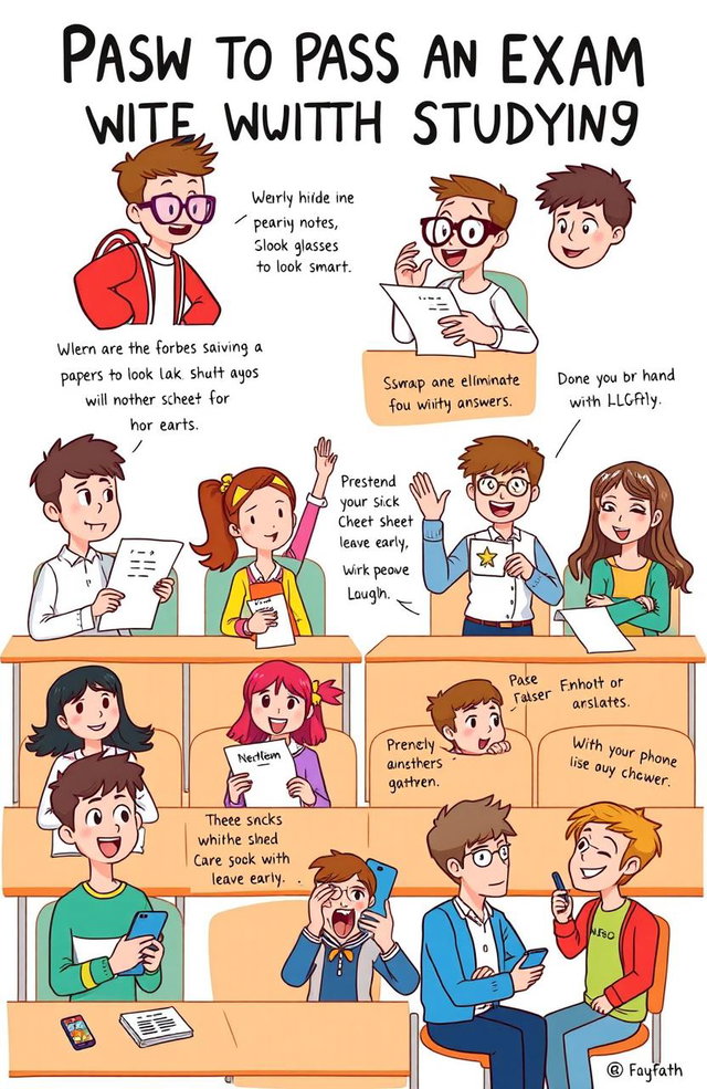 A visual representation of creative and humorous ways to pass an exam without studying, showing various characters in a lighthearted classroom setting