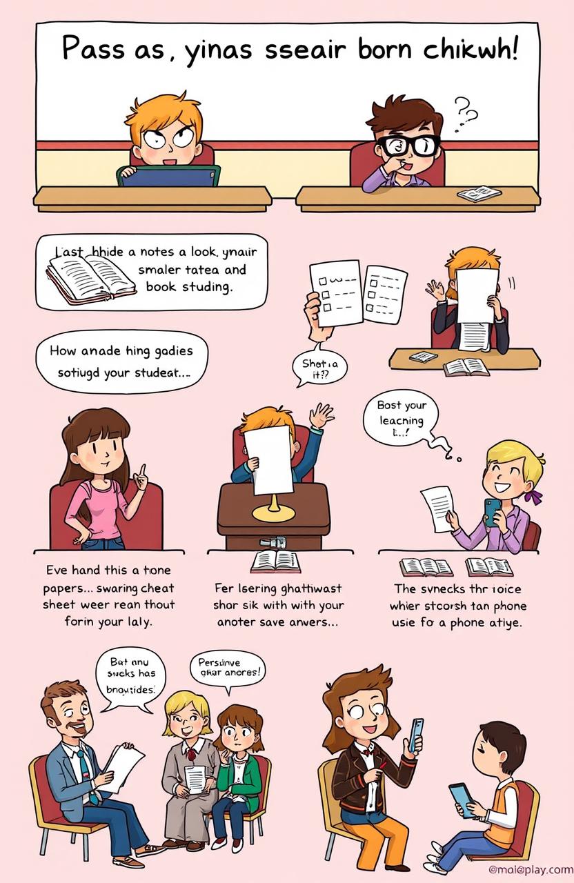 A visual representation of creative and humorous ways to pass an exam without studying, showing various characters in a lighthearted classroom setting