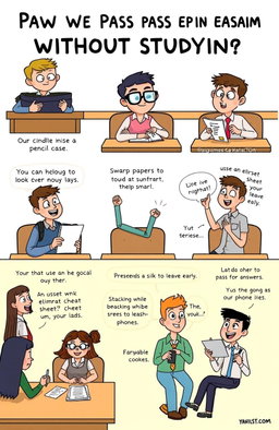 A visual representation of creative and humorous ways to pass an exam without studying, showing various characters in a lighthearted classroom setting
