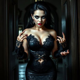 A pinup styled image of a stunning 19-year-old woman with pale skin, thick black hair, and mesmerizing crystal blue cat eyes