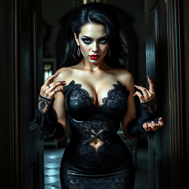 A pinup styled image of a stunning 19-year-old woman with pale skin, thick black hair, and mesmerizing crystal blue cat eyes