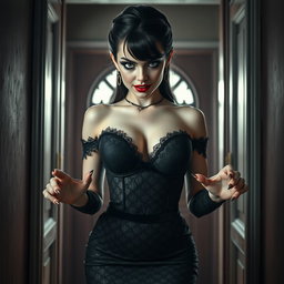 A pinup styled image of a stunning 19-year-old woman with pale skin, thick black hair, and mesmerizing crystal blue cat eyes