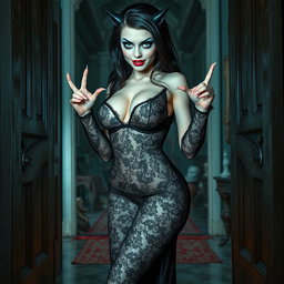 A pinup styled image of a stunning 19-year-old woman with pale skin and thick black hair