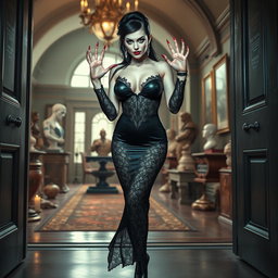 A pinup styled image of a stunning 19-year-old woman with pale skin and thick black hair